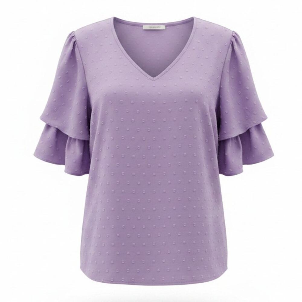 Womens Purple Top V-Neck 3/4 Ruffed Sleeve Size 1XL